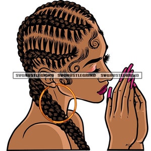 Biddende Zwarte Vrouw Vlechten Cornrows Extensions Ogen Gesloten Zijaanzicht Krullen Illustratie Grafische SVG Vector Snijbestanden PNG JPG Silhouet