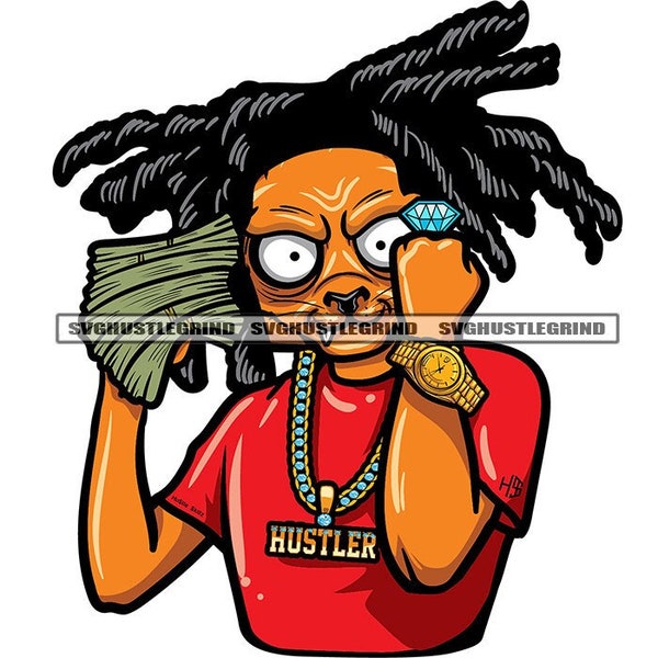 Dread Locs Lion Big Cat King Red Shirt Holding Stack Money Cash Hustler Chain Watch Grind SVG Vector Cutting Files PNG JPG Cricut Silhouette