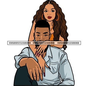 Black Couple Love Relationship Man Woman Embrace Blue Shirt Beard Long Hair Hug Graphic SVG Vector Cutting Files PNG JPG Cricut Silhouette