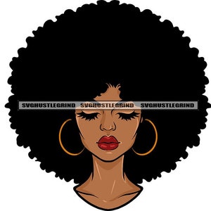 Black Woman Afro Hair Eyes Closed Gold Hoops Red Lipstick Head Neck Face Portrait Grind Graphic SVG Vector Cutting Files PNG JPG Silhouette