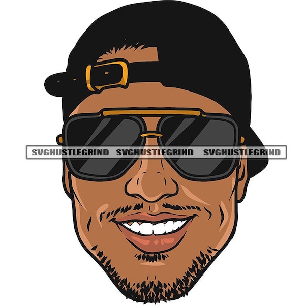 Handsome Black Man Goatee Smile Backwards Baseball Cap Hat Sunglasses Head Face Only Graphic SVG Vector Cutting Files PNG JPG Silhouette