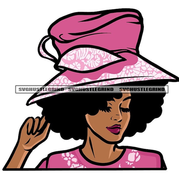 Black Woman Church Lady Big Pink Hat Holding Hat Floral Pattern Half Body Grind Illustration SVG Vector Cutting Files PNG JPG Silhouette