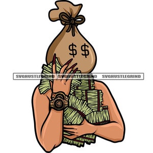 May include: A cartoon illustration of a person with a money bag for a head, holding stacks of cash in front of their chest. The money bag is brown with a dollar sign on it. The person is wearing a gold watch.