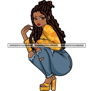 May include: A woman with long brown hair and a yellow shirt sits with her legs crossed, wearing blue jeans with rips in the knees and yellow heels.