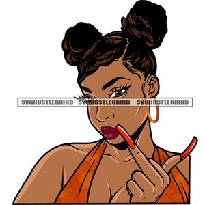 Sassy Black Woman Orange Halter Top Long Fingernails Two Hair Buns Middle Finger Hoops Graphic SVG Vector Cutting Files PNG JPG Silhouette