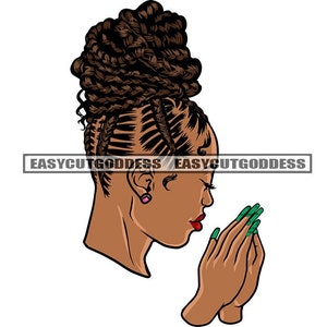 Praying Black Woman Braids Cornrows Sideview Green Fingernail Polish Head Only Graphic SVG Vector Cutting Files PNG JPG Cricut Silhouette