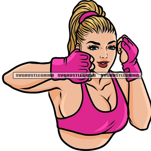 White Woman Blonde Ponytail Pink Bra Outfit Fitness Boxing Boxer Gloves Fist Half Body Graphic SVG Vector Cutting Files PNG JPG Silhouette