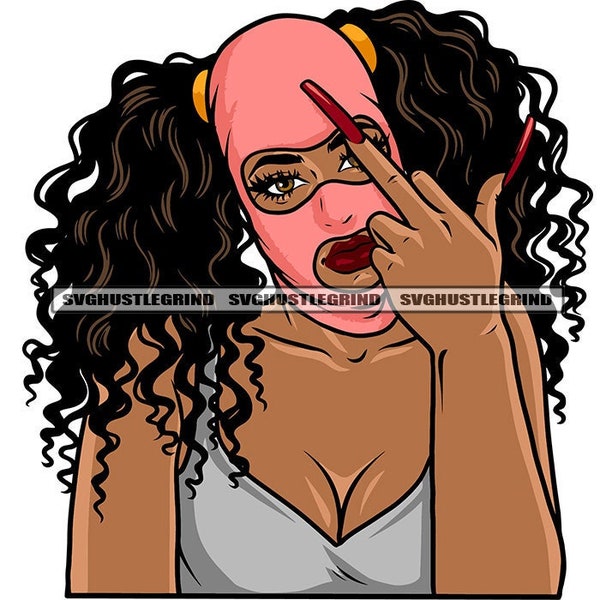 Black Woman Pink Ski Mask Face Covering Middle Finger Long Nails Ponytails Gray Top Graphic SVG Vector Cutting Files PNG JPG Silhouette