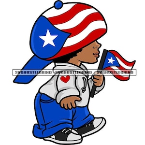 Baby Boy Holding Flag Red White Blue Puerto Rico Flag Boricua Helmet Baseball Cap Jeans Sneakers SVG Vector Cutting Files PNG JPG Silhouette