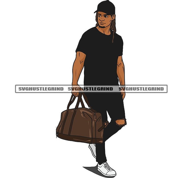 Goatee Black Man Brotha Walking Ripped Jeans Dread Locs Baseball Cap Duffle Bag Graphic SVG Vector Cutting Files PNG JPG Cricut Silhouette