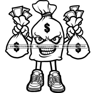 Bank Bag Carattere Holding Two Money Bags Grill Dollar Signs Outline Paint Graphic B/W SVG Vector Cutting Files PNG JPG Cricut Silhouette