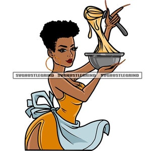 May include: A woman with brown skin and short black hair is wearing a yellow dress and a blue apron. She is holding a bowl with a whisk and batter in it. The batter is dripping from the bowl.