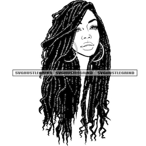 Black Woman Dread Locs Sister Locs Head Facial Hoop Earrings Portrait Graphic Grind B/W SVG Vector Cutting Files PNG JPG Cricut Silhouette