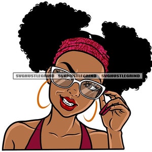 Black Woman Afro Puffs Pink Headband Eyeglasses Brown Eyes Titled Head Halter Graphic SVG Vector Cutting Files PNG JPG Cricut Silhouette