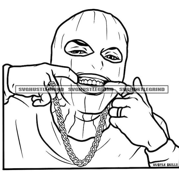 Young Gangster Black Man Showing Teeth Grill Ski Mask Cap Ring Male Hustling B/W Hustle SVG Vector Cutting Files PNG JPG Cricut Silhouette