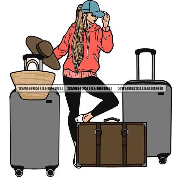 White Woman Long Blonde Ponytail Traveling Luggage Baggage Pink Hoodie Baseball Cap Graphic SVG Vector Cutting Files PNG JPG Silhouette