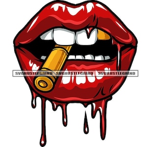 Juicy Dripping Red Lips Gold Tooth Gold Bullet Gangster Style Illustration Grind Graphic SVG Vector Cutting Files PNG JPG Cricut Silhouette