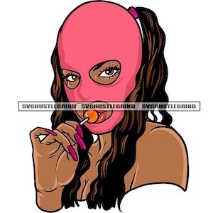 Black Woman Pink Ski Mask Ponytails Lollipop Sucker Mouth Long Fingernails Brown Eyes Graphic SVG Vector Cutting Files PNG JPG Silhouette