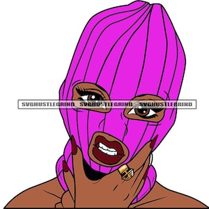 Black Woman Gangster Lola Pink Purple Ski Mask Choking Self Hands Neck Cartoon Graphic SVG Vector Cutting Files PNG JPG Cricut Silhouette