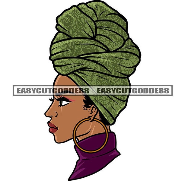 Black Woman Green Headwrap Turban Sideview Purple Turtleneck Top Gold Hoops Grind Graphic SVG Vector Cutting Files PNG JPG Cricut Silhouette