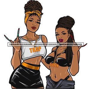 Two Black Women Dread Locs Gold Trap Queen Necklace Chain Middle Finger Thong Graphic SVG Vector Cutting Files PNG JPG Cricut Silhouette