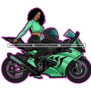Black Woman Sitting Mint Green Motorcycle Motor Bike Speed Helmet Boots Halter Jeans SVG Vector Cutting Files PNG JPG Cricut Silhouette