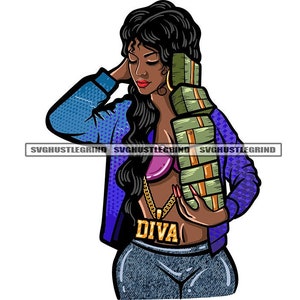 Black Woman Diva Long Hair Holding Huge Stack Money Cash Dollar Bill Bikini Graphic Grind SVG Vector Cutting Files PNG JPG Cricut Silhouette