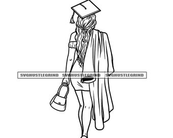 Female Graduate Graduation College High School Cap Gown Walking Outline Paint Sip B/W SVG Vector Cutting Files PNG JPG Cricut Silhouette