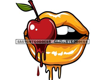 Big Lips Gold Yellow Red Cherry Mouth White Teeth Dripping Bite Chew Illustration Graphic SVG Vector Cutting Files PNG JPG Cricut Silhouette