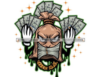 Bank Bag Character Cash Money Dollars Hands Mouth Cartoon Gold Chain Dripping Graphic SVG Vector Cutting Files PNG JPG Cricut Silhouette