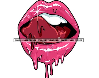 Dripping Pink Juicy Lips Red Tongue Out Licking White Teeth Mouth Lipstick Model Grind Graphic SVG Vector Cutting Files PNG JPG Silhouette