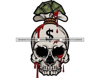 Skull Head Bank Bag Currency Dollar Bills Cash Money Gotpping Red Blood Black Holes Eyes Graphic SVG Vector Cutting Files PNG JPG Silhouette