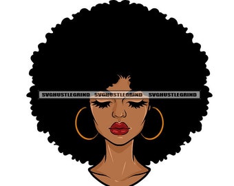 Black Woman Afro Hair Eyes Closed Gold Hoops Red Lipstick Head Neck Face Portrait Grind Graphic SVG Vector Cutting Files PNG JPG Silhouette
