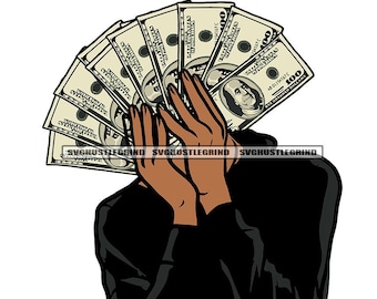 Junger schwarzer Mann trägt schwarzen Kapuzenpullover Hält Cash Money Dollar Scheine Benjamins Halbkörper Grafik SVG Vektor Plotterdatei PNG JPG Silhouette