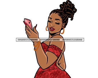 Cute Black Woman Braids Dread Loc Cellphone Selfie Red Dress Backout Illustration Graphic SVG Vector Cutting Files PNG JPG Cricut Silhouette