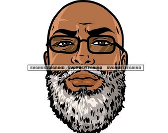 Older Black Man Bald Gray Beard Wearing Eyeglasses Head Only Brown Eyes Serious Look Graphic SVG Vector Cutting Files PNG JPG Silhouette