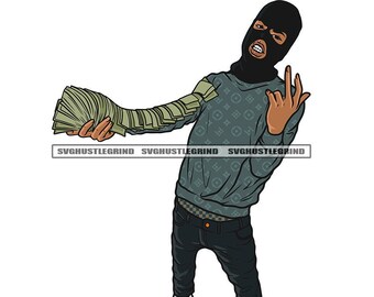 Young Black Man Gangster Schwarz Ski Cap Armful Cash Money Grau Hoodie Illustration Grafik Grind SVG Vektor Cutting Dateien PNG JPG Silhouette