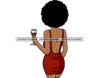 Black Woman Afro Wearing Short Red Backless Dress Holding Glass Wine Drink Illustration Graphic SVG Vector Cutting Files PNG JPG Silhouette