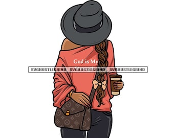 Schwarzer Frauen Kopf nach unten Grau Mütze lange Zopf rosa off Shoulder Halten Kaffeetasse Geldbörse Grafik SVG Vektor Cutting Dateien PNG JPG Silhouette
