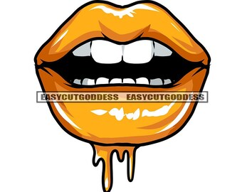 Big Wet Lips Gold Yellow Mouth White Teeth Dripping Bite Chew Art Illustration Graphic SVG Vector Cutting Files PNG JPG Cricut Silhouette