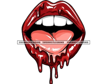 Wet Juicy Red Lips Dripping Pink Tongue Teeth Mouth Abstract Art Illustration Graphic SVG Vector Cutting Files PNG JPG Cricut Silhouette