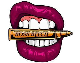 Boss Bitch Purple Lipstick Lips White Teeth Gold Bullet Grill Gums Illustration Graphic SVG Vector Cutting Files PNG JPG Cricut Silhouette