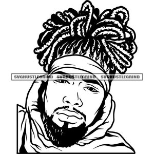May include: Black and white line art illustration of a man with dreadlocks wearing a headband and a hooded sweatshirt.