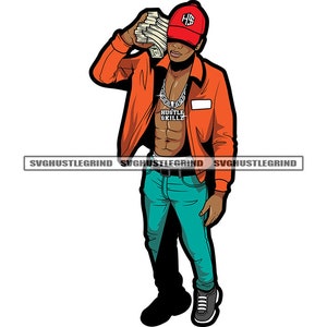 May include: A cartoon illustration of a person wearing a red baseball cap with the letters "HS" on it, an orange jacket, a gold chain necklace with the words "Hustle Skillz" on it, blue jeans, and teal trousers. The person is holding a wad of cash in their left hand.