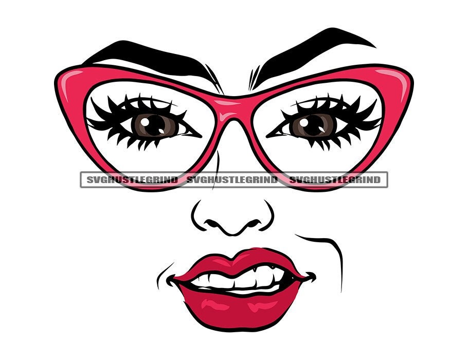 Woman's Transparent Face Pink Eyeglasses Red Lipstick Gray Eyes Eyebrows Lashes Graphic SVG Vector Cutting Files PNG JPG Cricut Silhouette