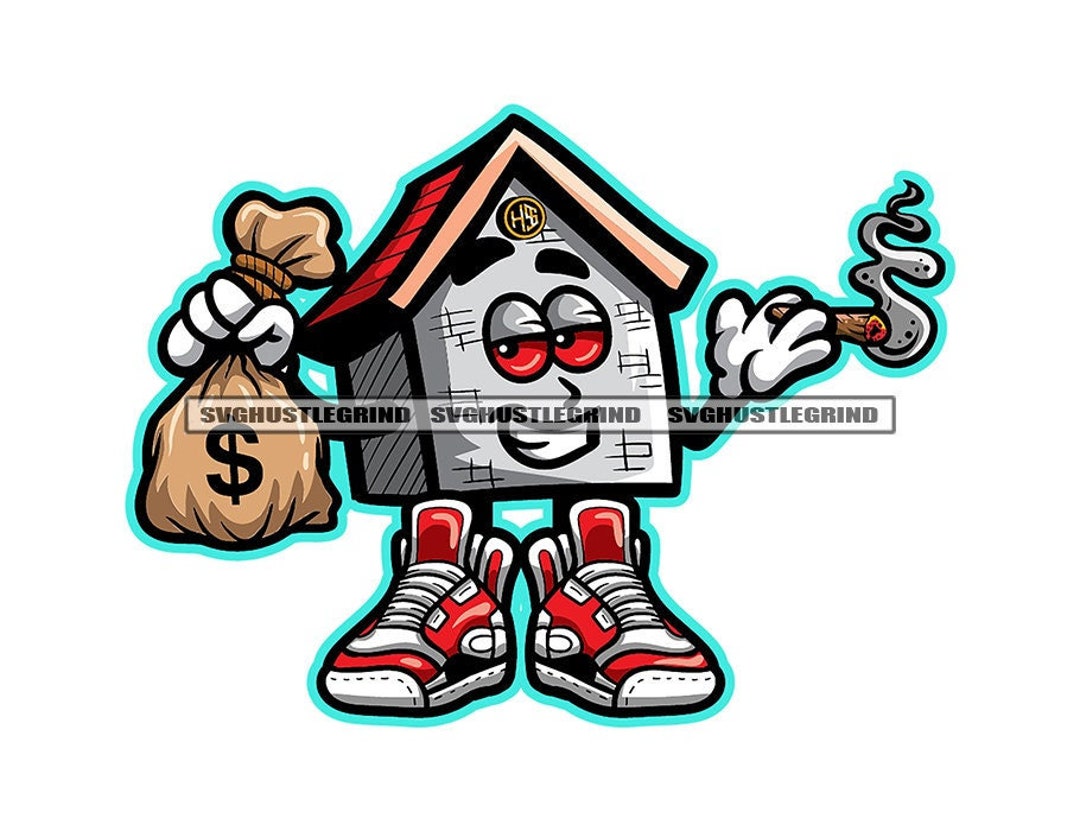Gangster Trap House Cartoon Character Money Bag Smoking Cigar Red Eyes