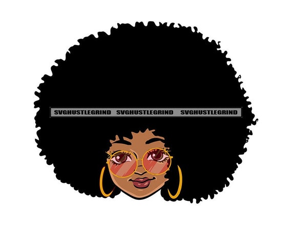 Black Female Head Face Only Curly Hair Big Afro Glasses Brown Eyes Hoops Design Graphic Grind SVG Vector Cutting Files PNG JPG Silhouette