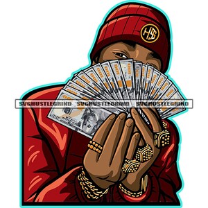 Black Man Wearing Red Winter Hat Showing Money Spread Gold Diamond Rings Watch Hustle Grind SVG Vector Cut Files PNG JPG Cricut Silhouette