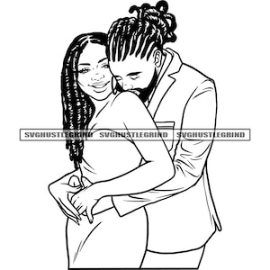Black Couple Man Woman Black Love Relationship Dreads Locs Beard Embrace Romance Graphic B/W SVG Vector Cutting Files PNG JPG Silhouette