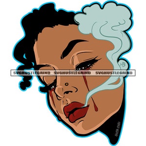 May include: A digital illustration of a person with dark brown skin and black hair. The person has a tear running down their cheek, and a cloud of smoke is coming from their ear. The background is a light blue colour.